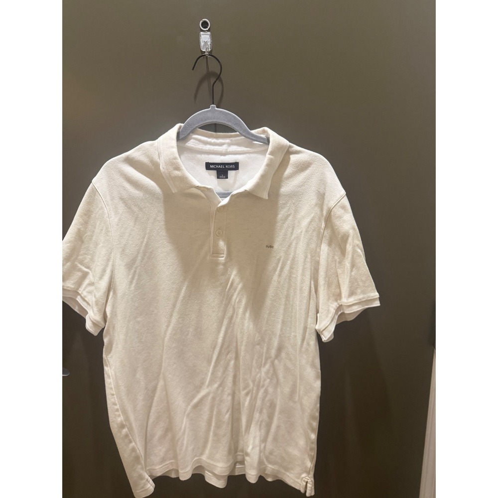 Michael Kors Mens Cream Short Sleeve Polo Shirt Large Off White Textured MK Logo